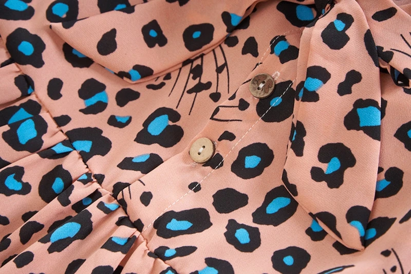 Hot Sale Kids Baby Leopard Print Dress Toddler Girls Ruched Dresses Bowknot Cartoon Long Sleeve Button Casual Clothes Vestido