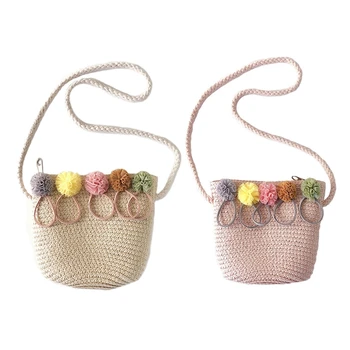 

AUAU-2pcs Girls Shoulder Bag Straw Rattan Weave Crossbody Bag For Baby Girls Best - Beige & Pink