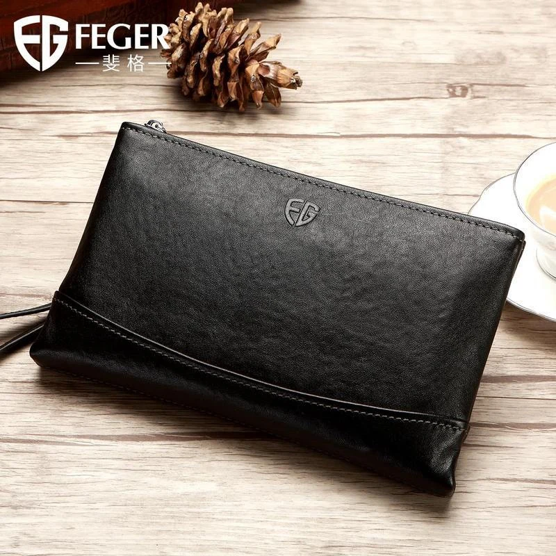 

FEGER Genuine Leather Clutch Bags for Men Genuine Leather Long Wallet Zipper Pocket Men Phone Purse