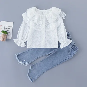 

Girls Sets 2020 Spring Autumn Long Sleeve Sweet Lace Shirt + Pearl Jeans 2pcs Outfit Children's Clothing