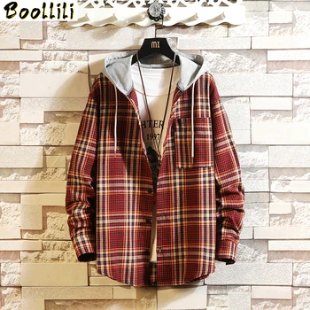 

Casual Brand With Hooded Plaid Shirt Men Shirts Long Sleeves 2020 New Spring Autumn Plus Asian Size M-5XL