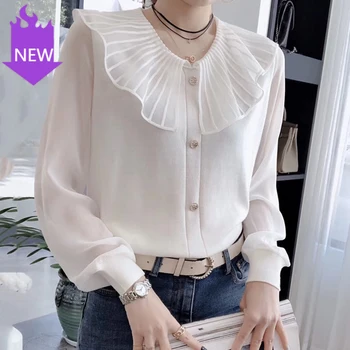 

Long Sleeve Office Wear Female Shirt Elegant Solid Top Blusas Women Chic Turn Down Collar Black White Blouse Ruffles