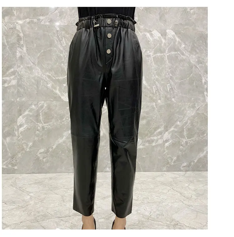 Кожаные женские брюки с эластичной талией, модные уличные штаны с высокой талией, шаровары размера плюс, черные и хаки брюки из натуральной кожи