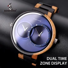 BOBO BIRD dwie strefy czasowej wyświetlacz drewniany zegarek mężczyźni Relogio Masculino luksusowy zegarek na rękę kobiety rocznica Grooms prezent drewniane pudełko R10