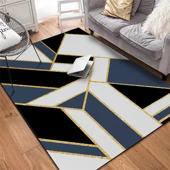 

Blue Geometric Rug Black and White Marble Gold Striped Carpet Living Room Bedroom Bed Blanket Kitchen Bathroom Floor Mat
