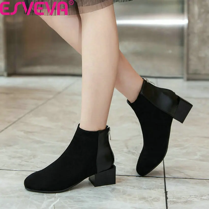 

ESVEVA 2020 Autumn Winter Round Toe Zipper Ankle Boots Patchwork Flock PU Leather Square Heel All Match Women Shoes Size 34-43