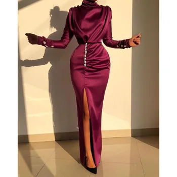 

Ordifree 2020 Summer Women Long Party Dress Long Sleeve Vintage Wine Red Elegant Women Satin Evening Maxi Dress