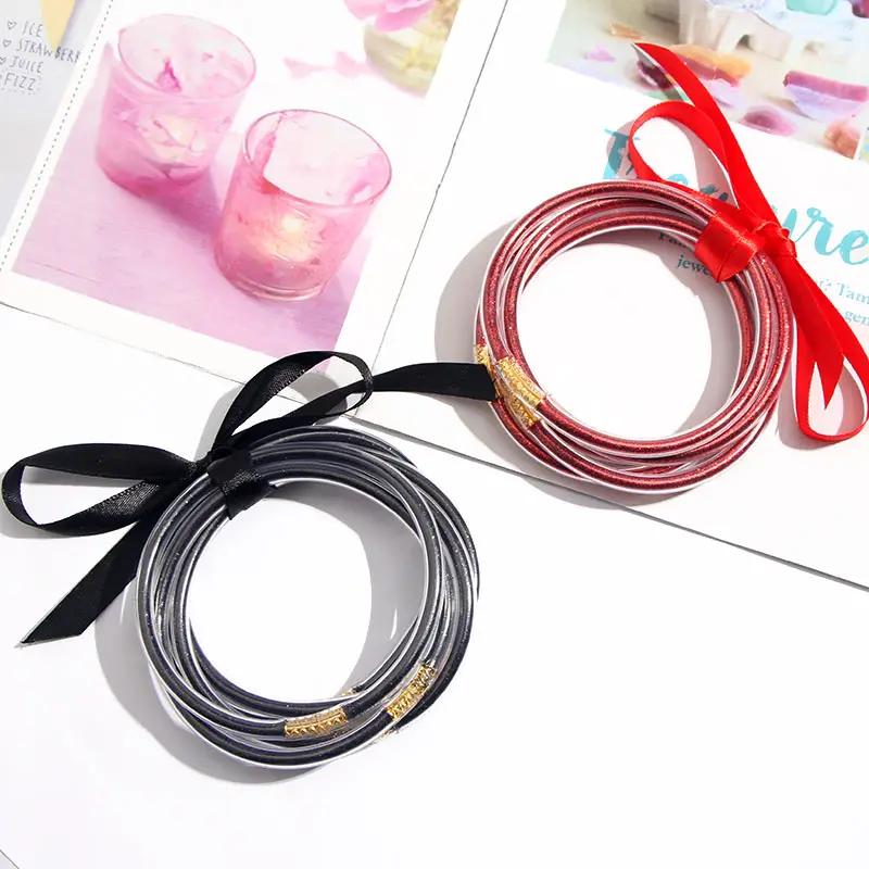 

JUST FEEL All Weather Glitter Jelly Bangles 5Pcs / Set Silicone Glitter Bangles Set 2019 For Women Girls Round Bowknot Bracelets