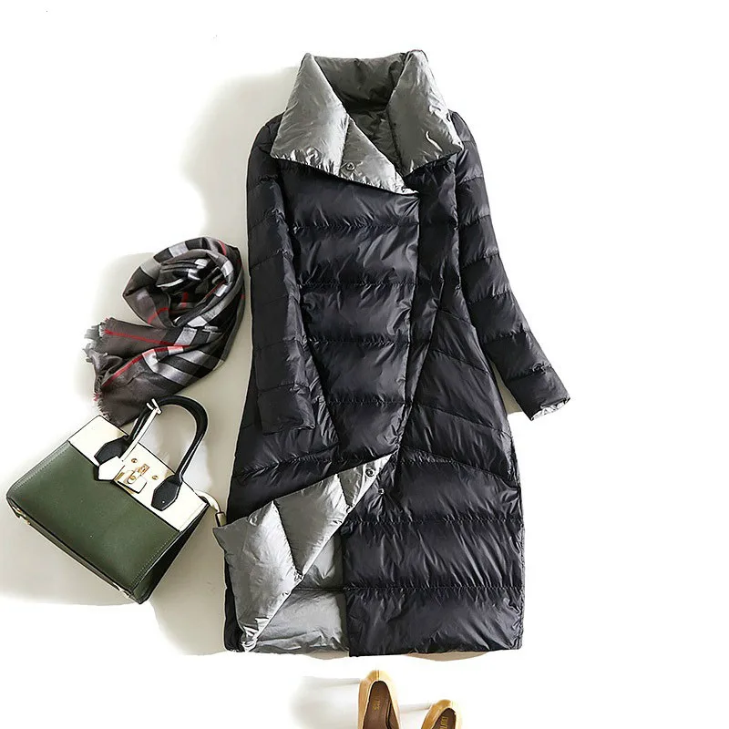 

2019 Women Double Sided Down Long Jacket Winter Turtleneck White Duck Down Jacket Double Breasted Female Warm Parka Snow Outwear