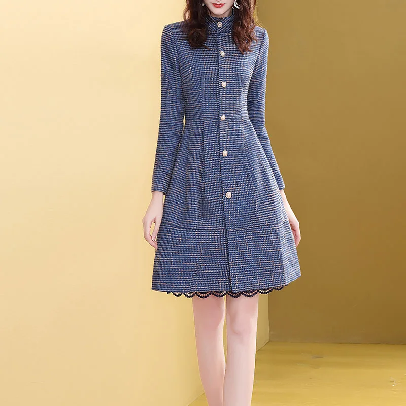 

Stand Collar Waist Hugging Slim Dress Women's Autumn & Winter 2019 New Style Tweed Coat-Dress Europe And America