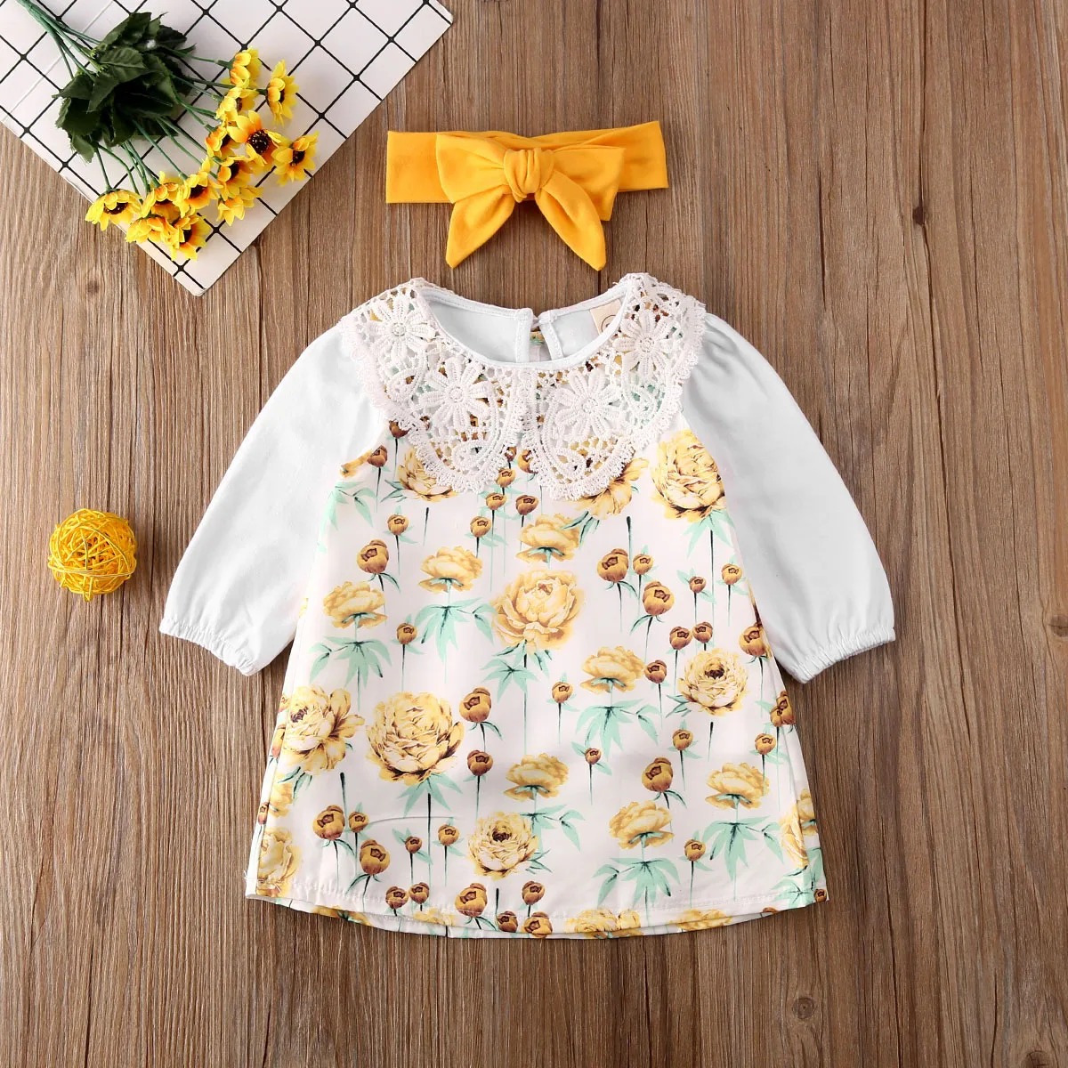 

Pudcoco Newborn Baby Girl Clothes Solid Color Lace Ruffle Long Sleeve Tops Flower Print Sleeveless Dress Headband 3Pcs Outfits