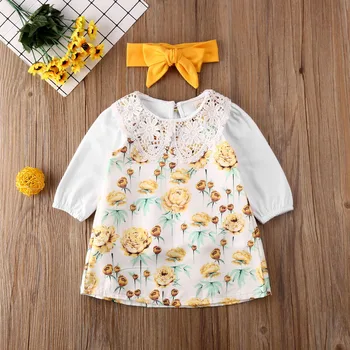 

Pudcoco Newborn Baby Girl Clothes Solid Color Lace Ruffle Long Sleeve Tops Flower Print Sleeveless Dress Headband 3Pcs Outfits