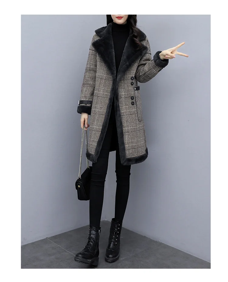 Зимнее женское пальто больших размеров, пальто в клетку, женская новая плюшевая Женская куртка, длинное бархатное шерстяное пальто, корейская модная одежда - Цвет: Photo Color