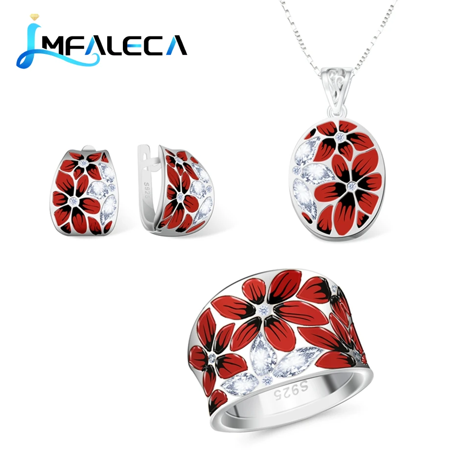 

LMFALECA Silver 925 Jewelry Sets for Women Red Plum Blossom Flower Necklace Earrings Ring Set Handmade Enamel Luxury Jewelry