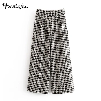 

Huaxiafan Plaid Pants Houndstooth Women Wide Leg Pants Zipper Loose Long Bottoms British Style Femme Fashion High Waist Pants