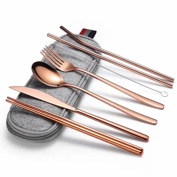 

Gold Tableware Set Stainless Steel Cutlery Set Travel Fork Spoons Knives Set Straw Cutlery Set Portable Rose Gold Camping 7 Pcs