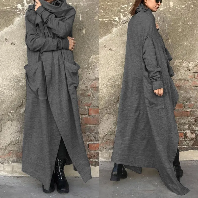 Very best ZANZEA 2019 Autumn Long Coats Women's Jackets Vintage Long Sleeve Cowl Neck Cardigan Female Solid O