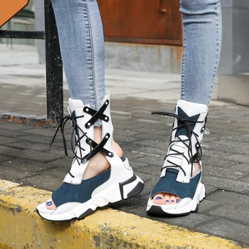 

Genuine Leather Height Increasing Women Sandals Platform Creepers Wedge Shoes Woman Gladiator Sandal Lace Up Summer Boots Wedges