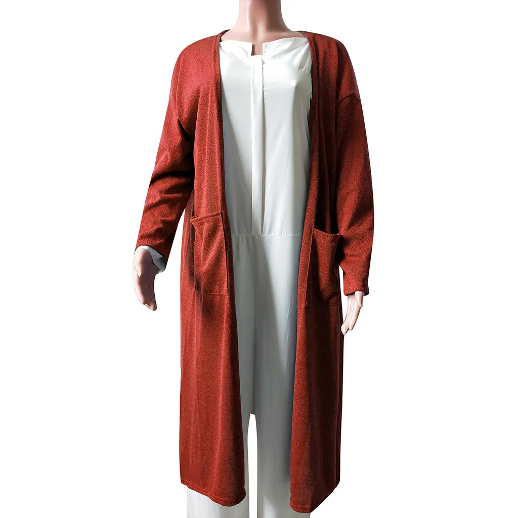 Свитер женский длинный рукав однотонный открытый передний длинный кардиган джемпер свитера с карманом Женское пальто кофта женская Z4