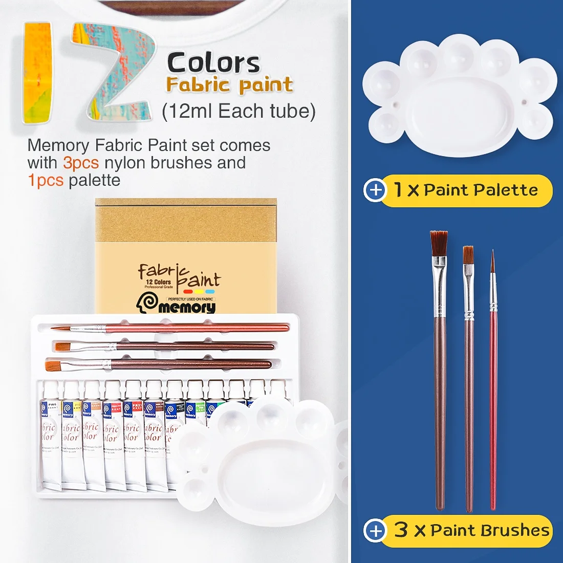 12 24 Colors Fabric Paint Set for Clothes with 6 Brushes, 1  Palette,Permanent Textile Puffy