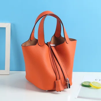 

Vegetable Basket Bag Genuine Leather Bucket Bag Embossed Leather Full-grain Leather 2019 New Style Korean-style Simple Versatile