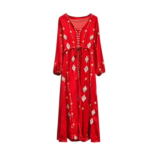 Винтажное шикарное женское платье с цветочной вышивкой на шнуровке с v-образным вырезом, Пляжное богемное Макси платье из вискозы, Дамское, летнее, богемное платье vestidos - Цвет: red