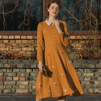 

Autumn Original Design Winter New Women Vintage Elegant Slim Mori Girls French Embroidery Yellow Long Knitted Dresses