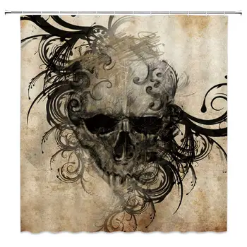 

Halloween Decorations Shower Curtain Skull with Spiral Shapes Hairs Skeleton Icon Blurred Pattern Horror Art Design Fabric