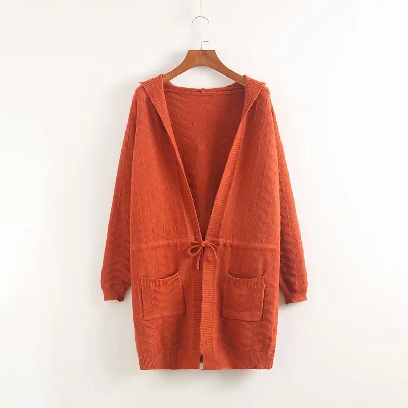 H. SA, женские зимние длинные вязаные жакеты, свитер, длинный кардиган с капюшоном, с большим карманом, с поясом, женское вязаное пальто, пончо, корейский длинный кардиган - Цвет: SLS740 Orange Red