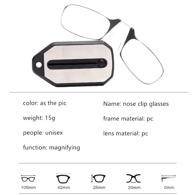 Holesale Cheap Mini Reading Glasses Nose Clip Tr90 Keychain Wallet Clip Glasses Presbyopia Men Women Portable Transparent Black