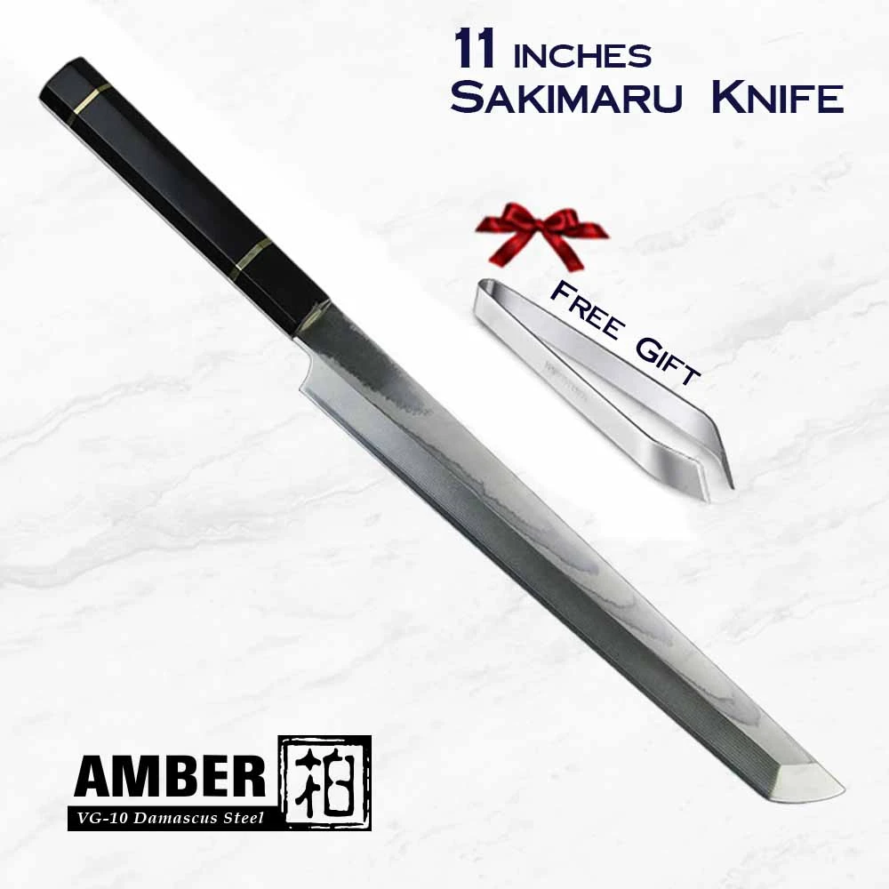 Amber Knife 11 inch Octagonal Ebony Wood Handle VG10 34 layer Damascus Steel Sakimaru Knife