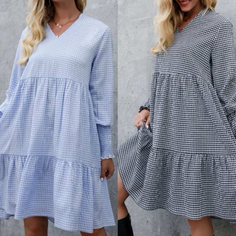 

Женское Повседневное платье с V-образным вырезом, свободное ТРАПЕЦИЕВИДНОЕ мини-платье с длинным рукавом и принтом в клетку, осень 2021