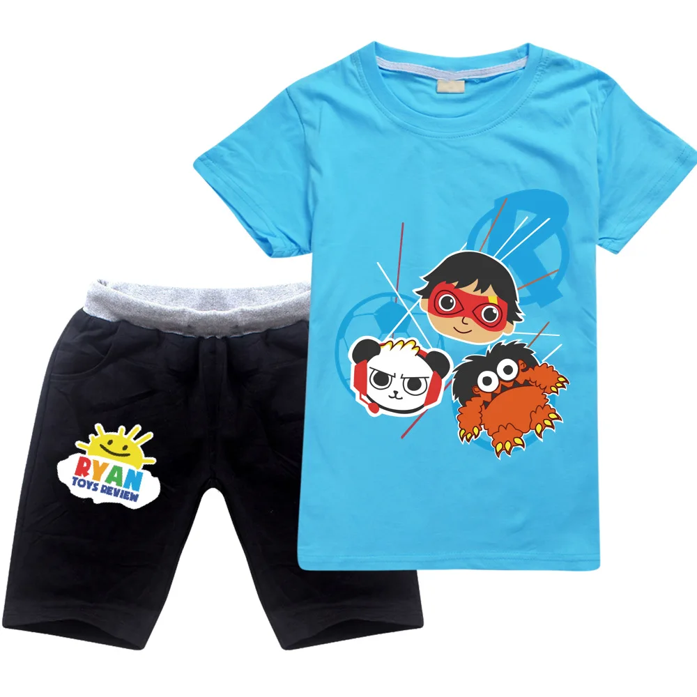 Ryan Toys Review/комплект с футболкой с короткими рукавами для мальчиков и девочек, топы для подростков, спортивный костюм для малышей Детские хлопковые рубашки+ штаны - Цвет: T903sky-set