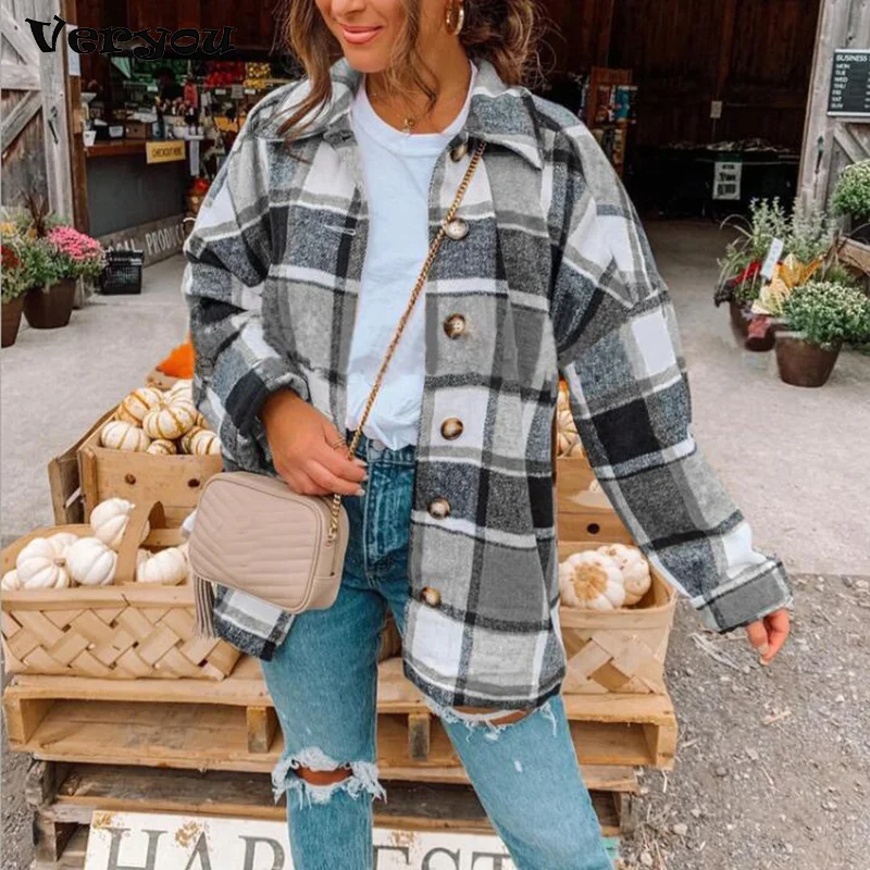 Hot Sale Women Fashion Plaid Shirt Jackets Turndown Collar Autumn