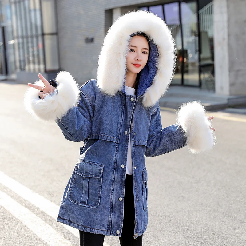 

Winter Jeans Cotton Coat Wiht Hat Women Wool Inner Adjustable Waist Graceful Warm Ladies Make Slim