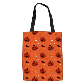 

Cartoon Pumpkin Ghost Skull Bat Designer Reusable Canvas Shopping Bag Halloween Style Women Supermarket Bag For Custom Logo