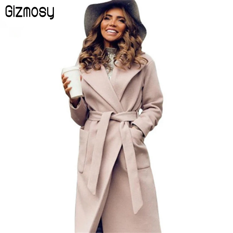 Новое зимнее Элегантное длинное женское пальто с лацканами, кружевное шерстяное пальто, женское однотонное пальто с 2 карманами и поясом, женская верхняя одежда CA3290