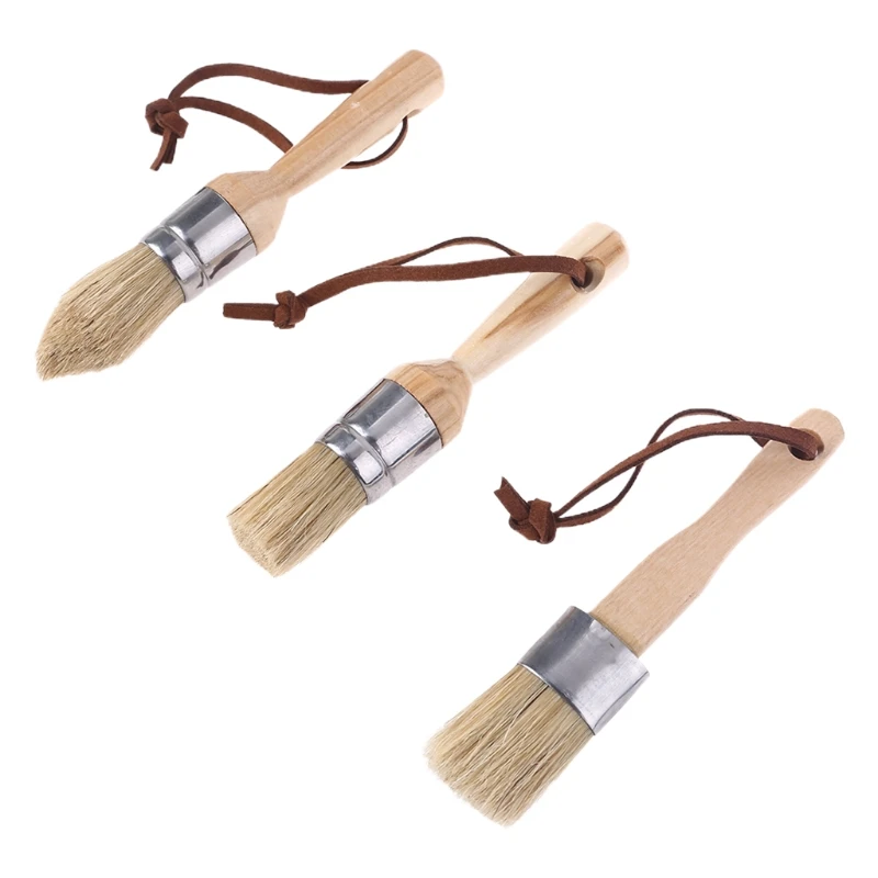 3 Pcs Round and Flat and Pointed Chalk Paint Wax Brush Ergonomic Wood Handle Natural Bristle Brushes Furniture DIY Paint roller brushes