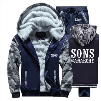 

SOA Sons of Anarchy Hoodies Mens Suit Winter fleece Thicken Warm zipper Coats Sweatshirt Mens Hoodies Jacket +Pants 2Pcs Sets
