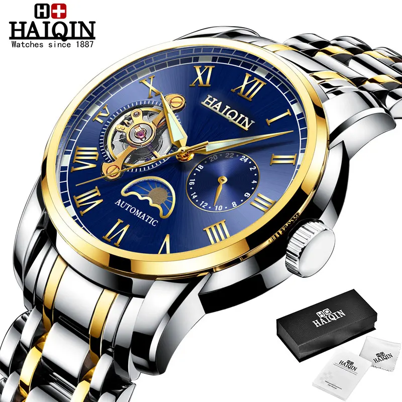 HAIQIN повседневные мужские механические часы, военные спортивные наручные часы, Топ бренд, роскошные часы, мужские часы с турбийоном, erkek kol saati - Цвет: Gold-Blue