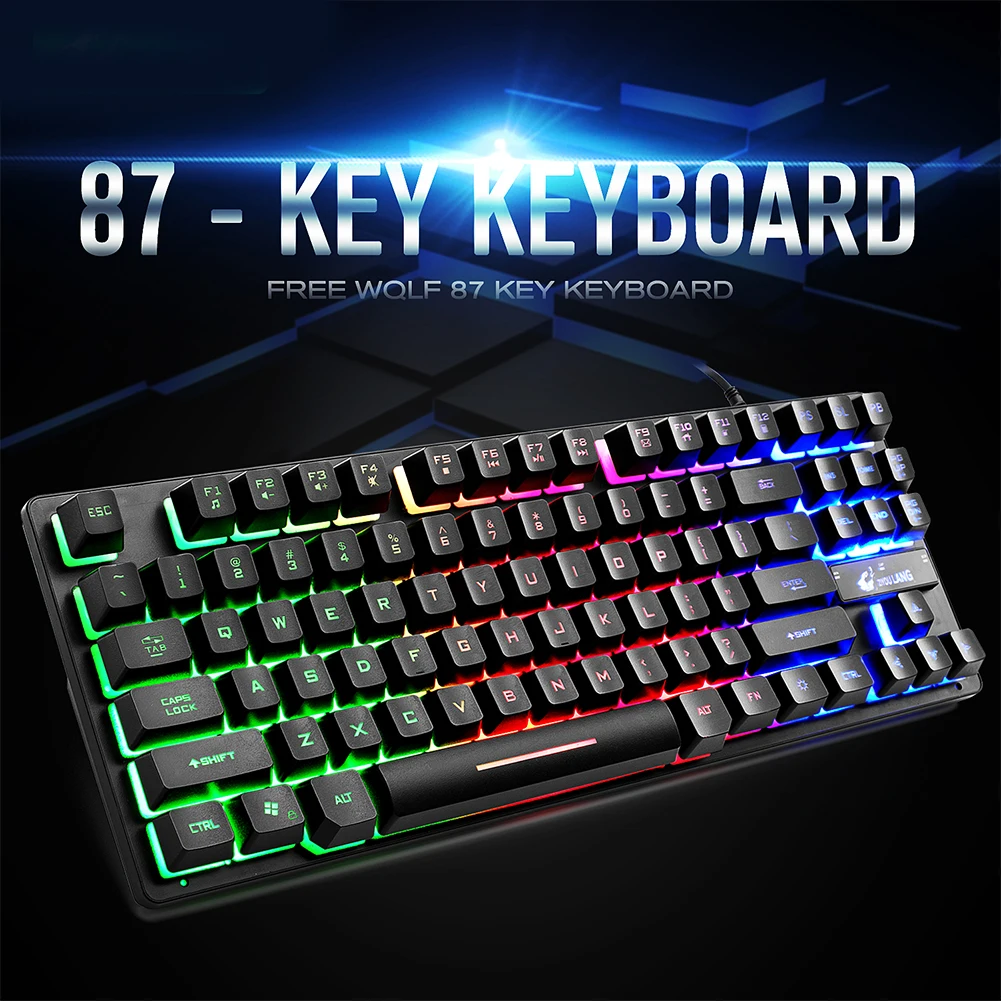 

K16 87-key Gaming Keyboard USB Rainbow Backlit Keyboard Mechanical Feeling for Multi-Device iPhone Android Mobile PC Laptop