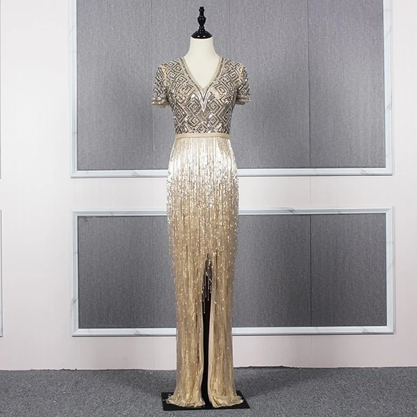 as photo beaded YY149 платье для выпускного вечера с разрезом, с бисером и v-образным вырезом, с коротким рукавом, золотые вечерние платья-футляры, длина до пола, vestidos de gala - Цвет: as photo beaded