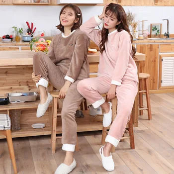 

2 PCS Women Pyjamas Sets Warm Coral Velvet Suit Flannel Long Sleeve Hoodie Letter Tops +Pants Sleepwear Animal Female Sleep wear