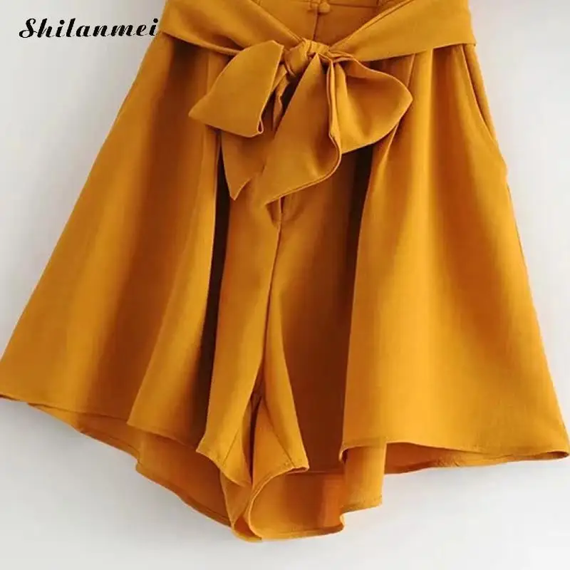 Летний короткий комбинезон, однотонный элегантный свободный комбинезон, повседневный Короткий комбинезон, женский модный сексуальный клубный желтый комбинезон с v-образным вырезом