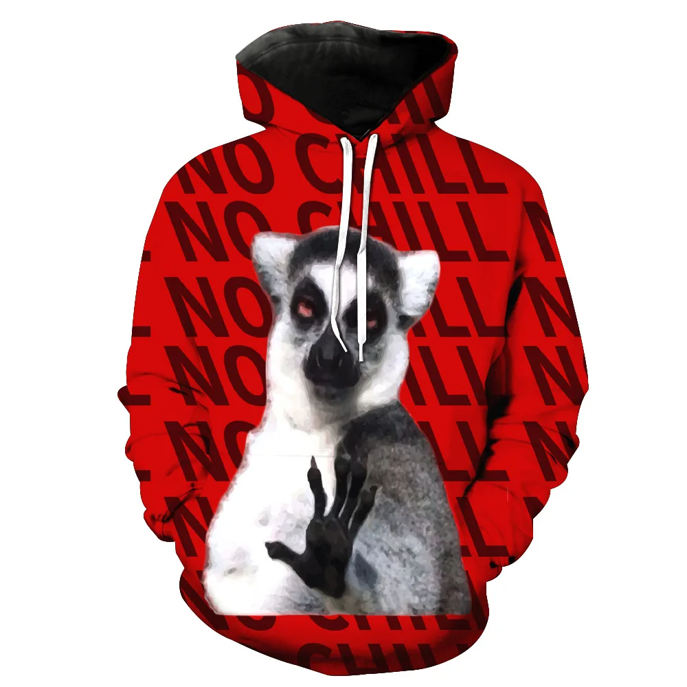 FashionPrint Grey Lemur Black Letter Fun Red 3D Casual Hooded Sweatshirt | Мужская одежда