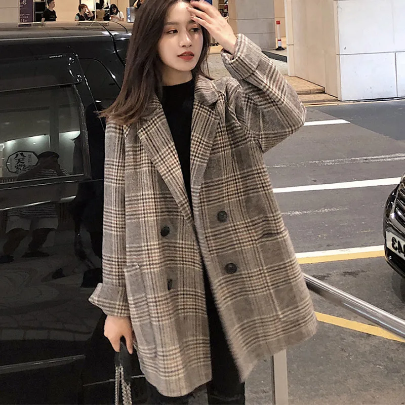 Plaid Клетчатое плотное зимнее пальто для женщин, шерстяное пальто для офиса, модное двубортное теплое Женское пальто, верхняя одежда с длинным рукавом - Цвет: Plaid