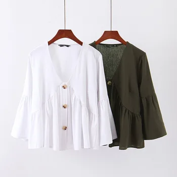 

Women Vintage Basic Solid Blouse V Neck Long Sleeve Female Casual Shirt Office Wear Pleated White Chic Tops