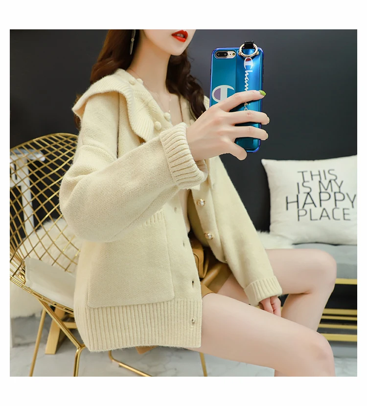 H.SA Women Winter Oversized Sweater Cardigans Big Collar Ruffles Loose Jumpers Green Beige Cardigans Feminino Button Up