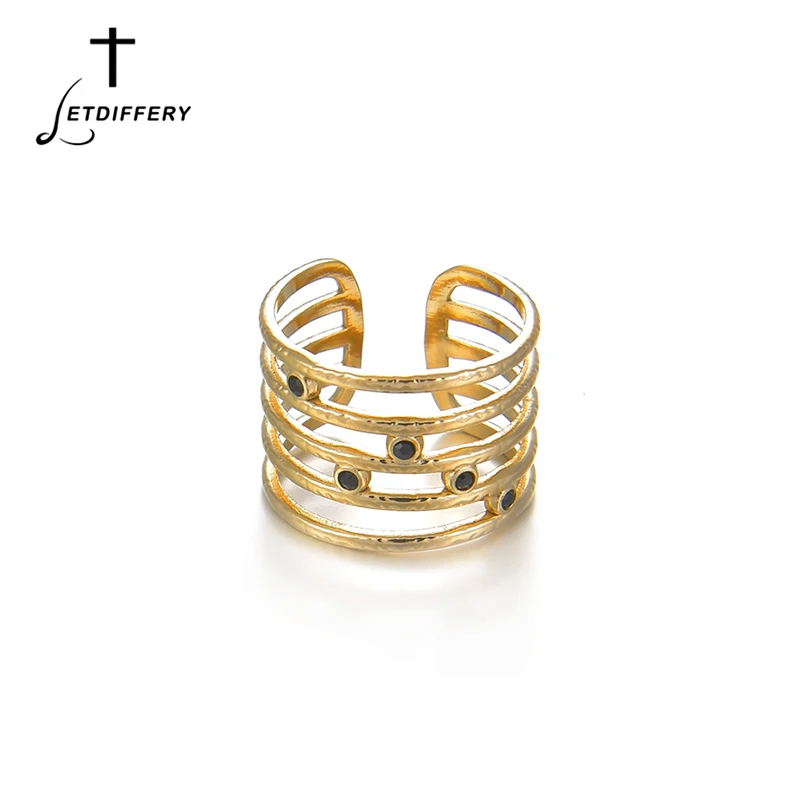 Letdiffery Bohe Multi-layer Black Crystal Open Rings Gold 14 K Stainless Steel Adjustable Women Jewelry Dropshipping | Украшения и