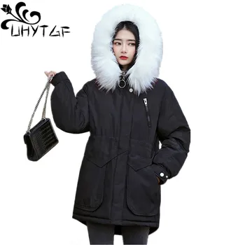 

UHYTGF Women Down Jacket Plus Size 2XL Thicken Korean hooded padded Parka Winter Coat Female Down Cotton Jacket Women Parka X565